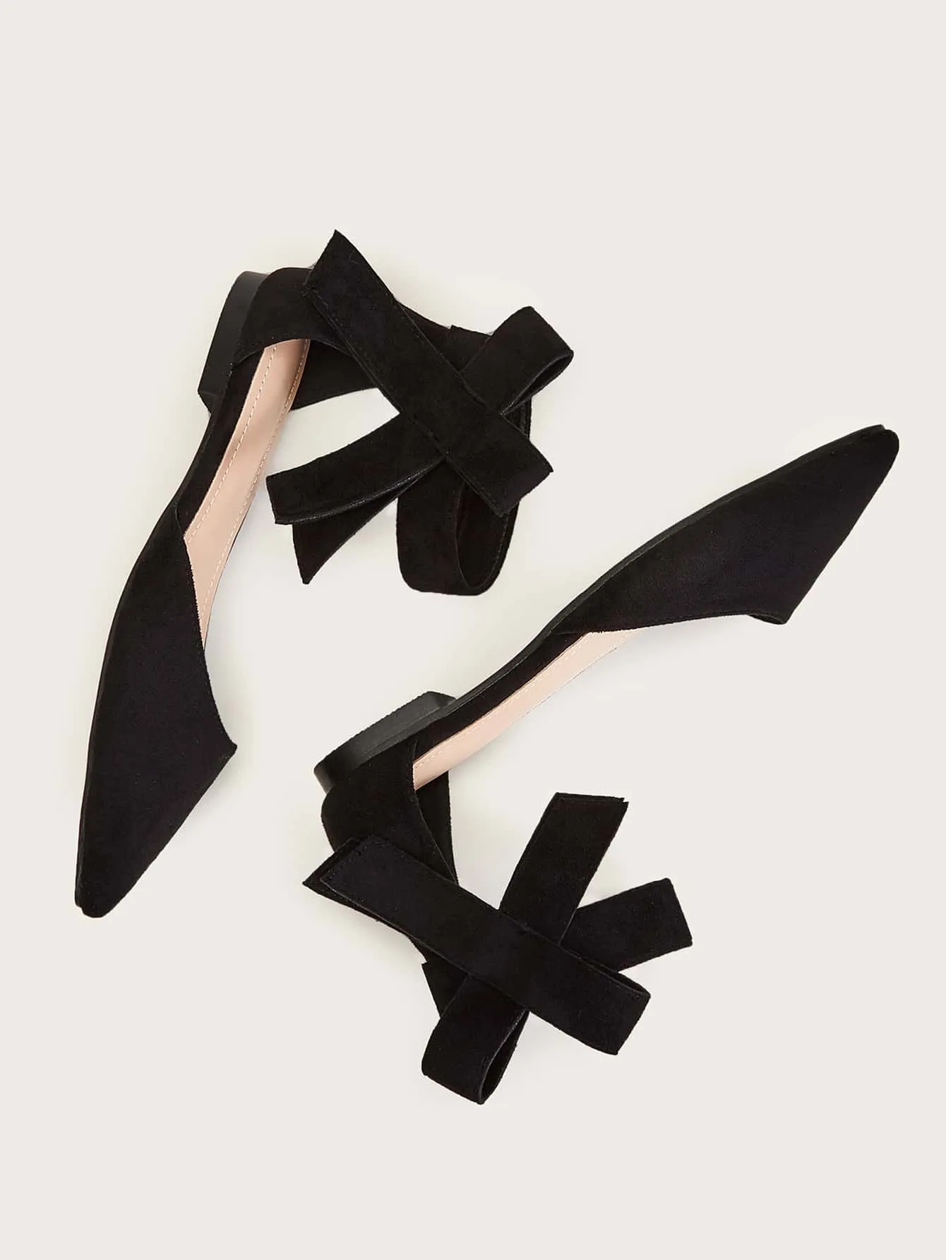 Bow Decor Point Toe Suede Flats - Black