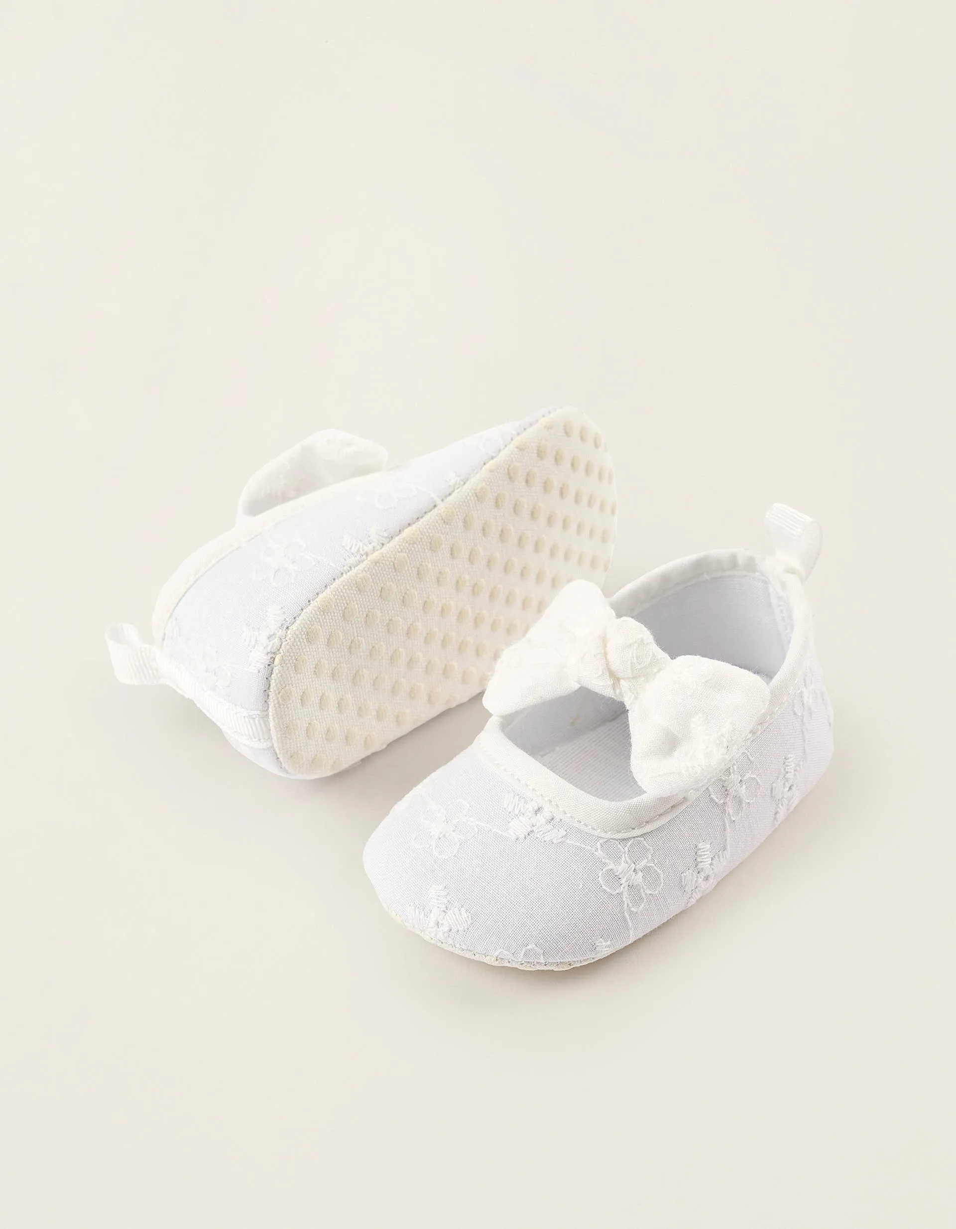 Broderie Anglaise Ballerina Flats with Bow for Newborn Girls, White