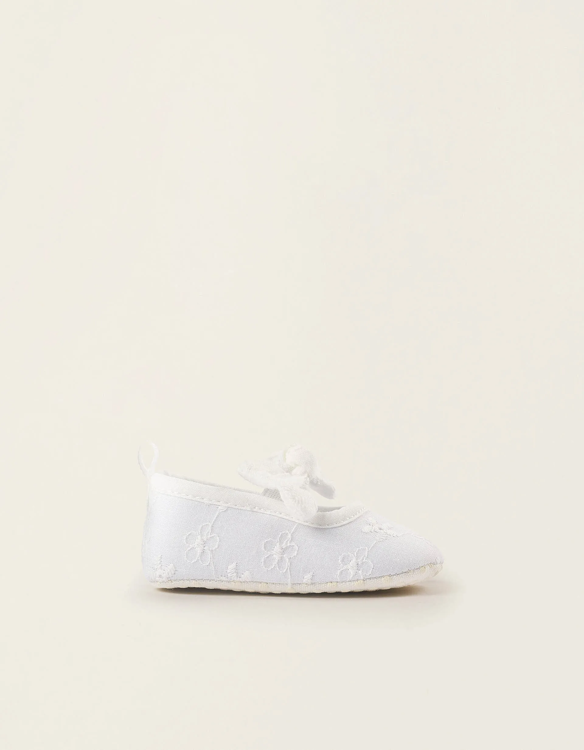 Broderie Anglaise Ballerina Flats with Bow for Newborn Girls, White