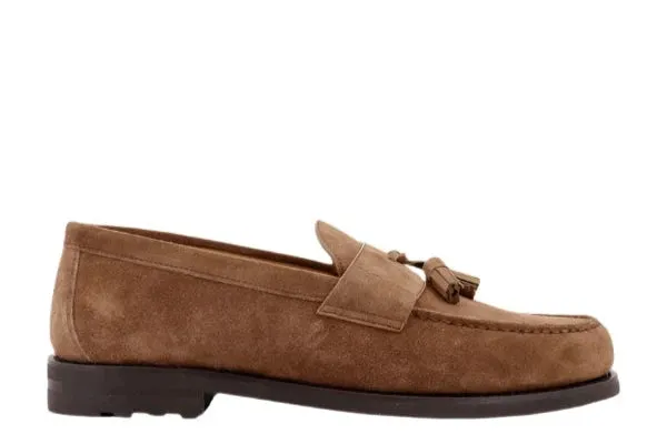 Brunello Cucinelli Mens Suede Tassle Loafers in Chestnut