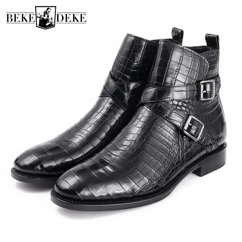 Business Men Luxury 100% Real Crocodile Leather Boots Buckle Design Formal Genuine Alligator Work Safety Shoes Dress Ankle Boots