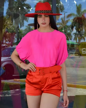 Cause I Love Satin  Belted Shorts Red