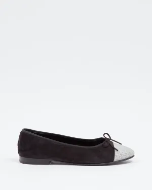 Chanel Black Suede & Holographic Logo Cap Toe Ballerina Flats - 39