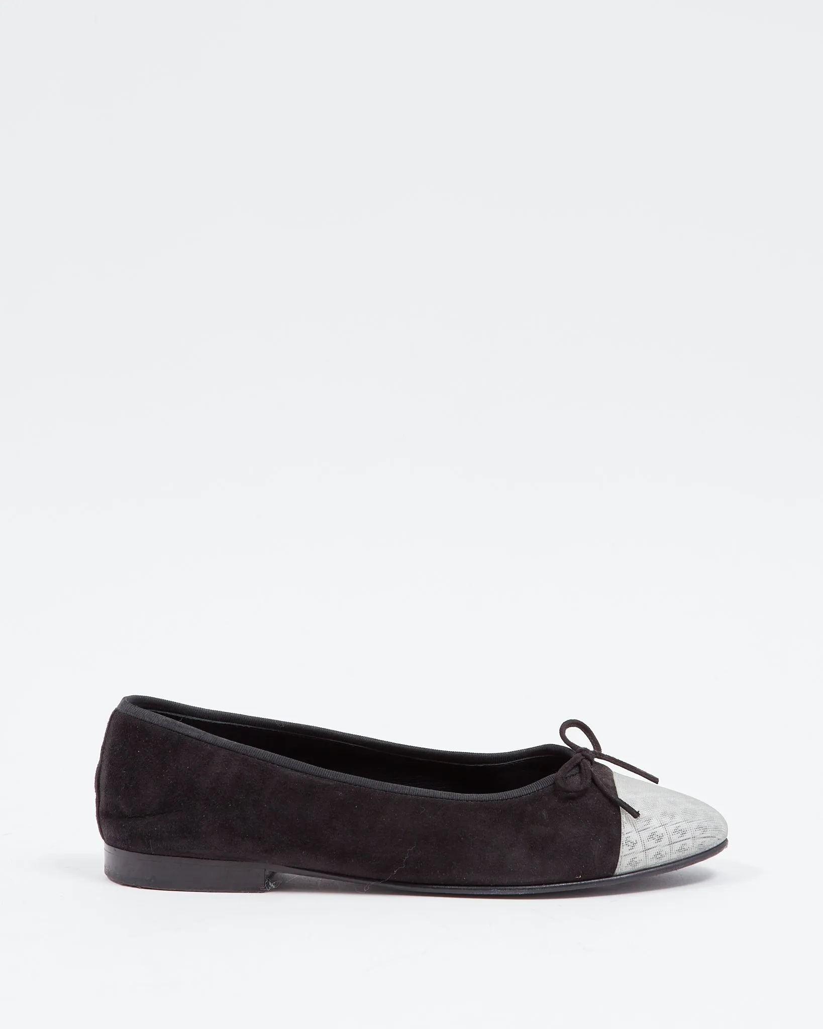 Chanel Black Suede & Holographic Logo Cap Toe Ballerina Flats - 39