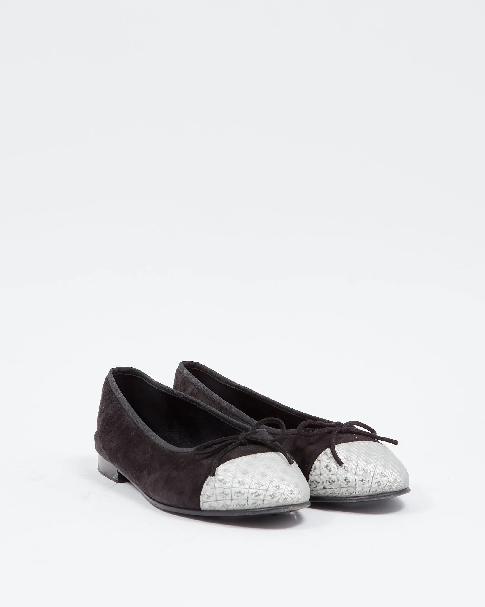Chanel Black Suede & Holographic Logo Cap Toe Ballerina Flats - 39