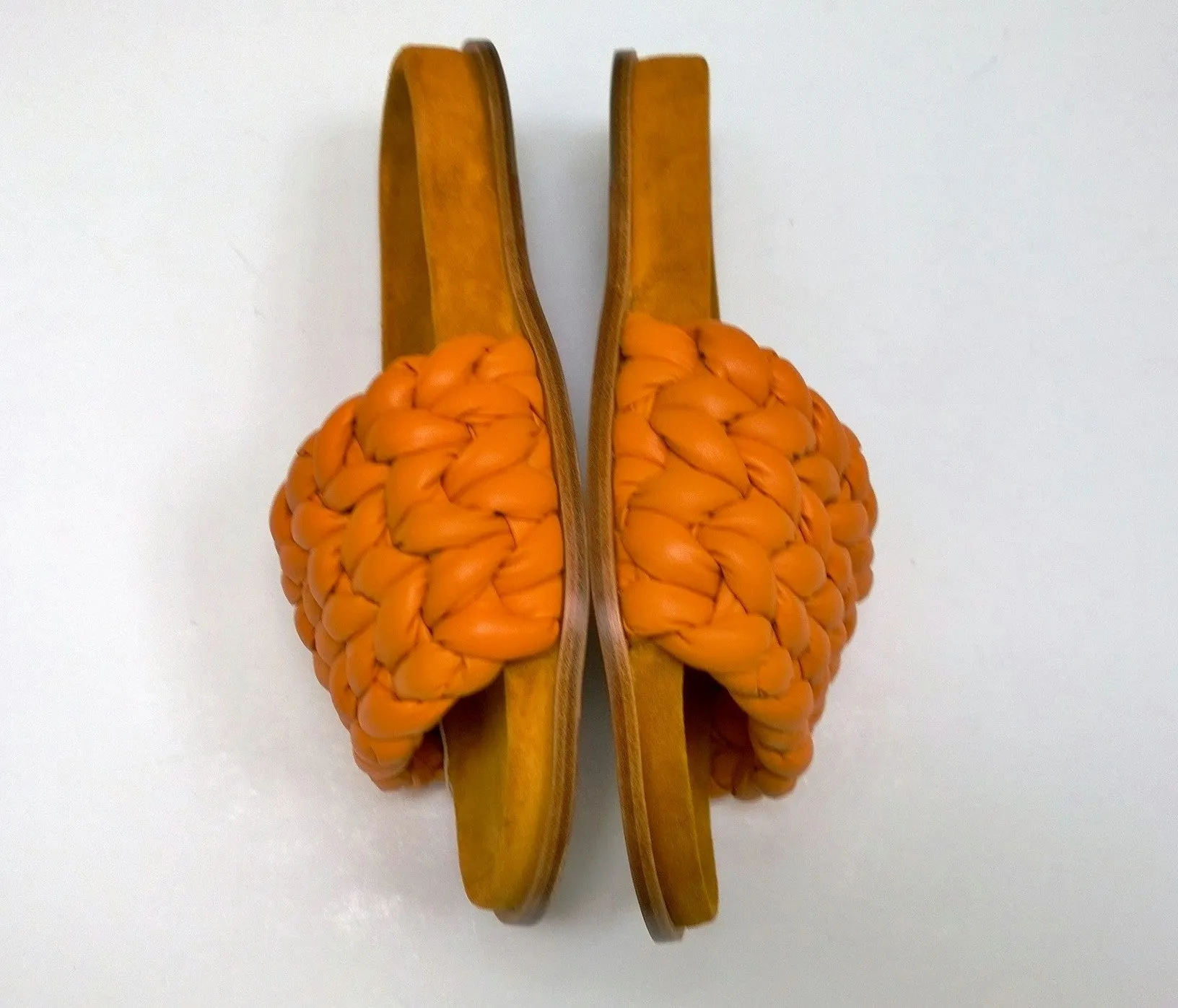Chloé Kacey Braided Woven Leather Footbed Slides in Saffron Orange Leather Sandals Flats