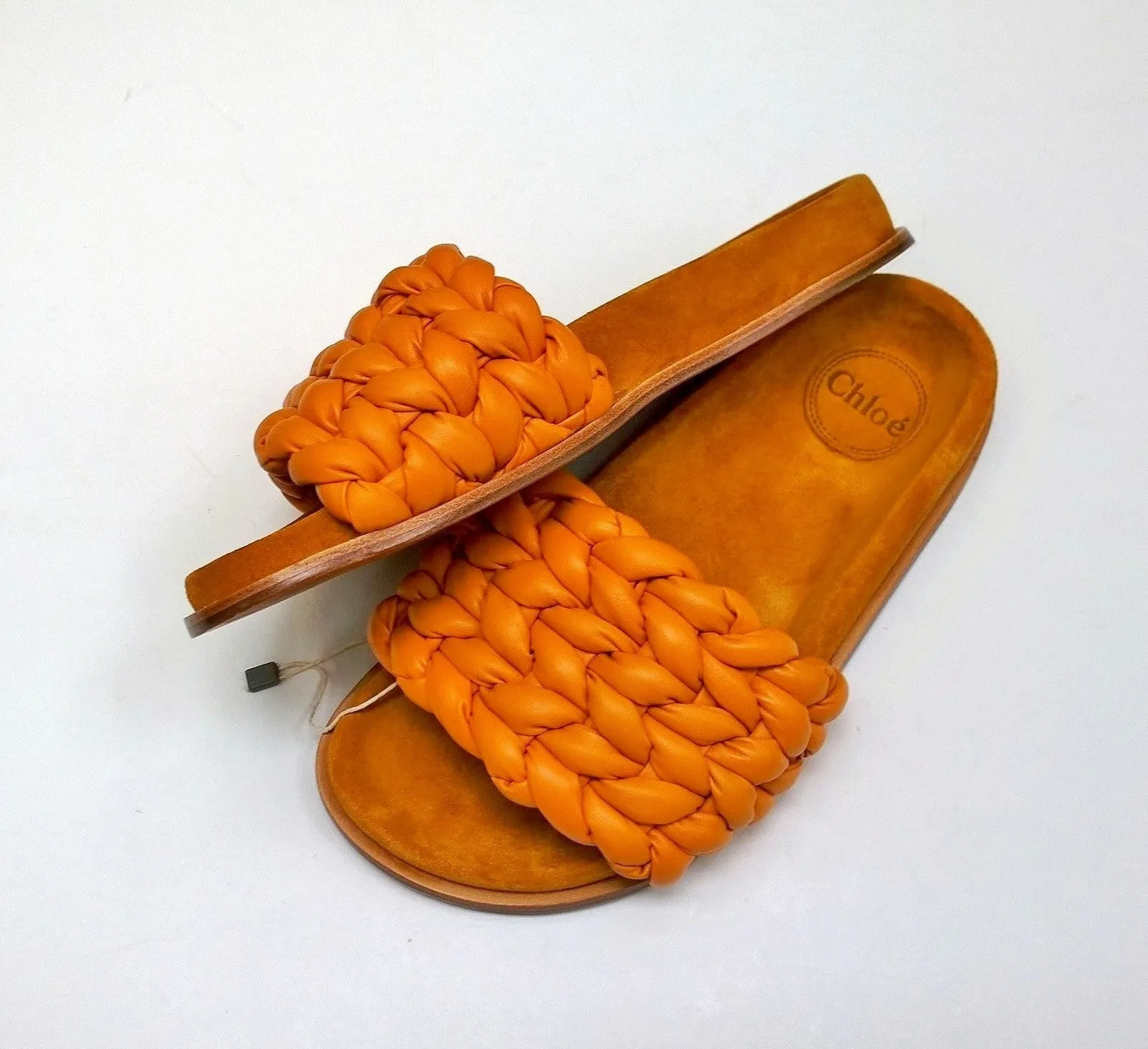 Chloé Kacey Braided Woven Leather Footbed Slides in Saffron Orange Leather Sandals Flats