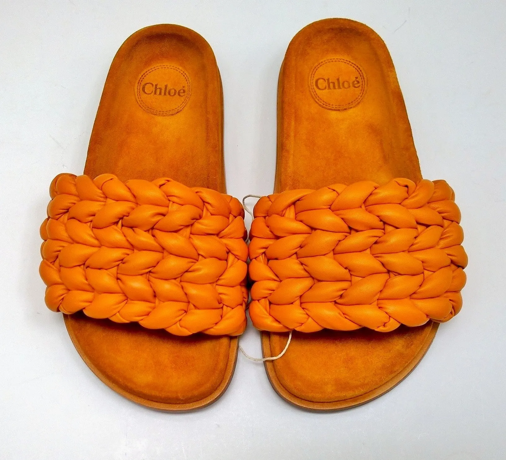 Chloé Kacey Braided Woven Leather Footbed Slides in Saffron Orange Leather Sandals Flats
