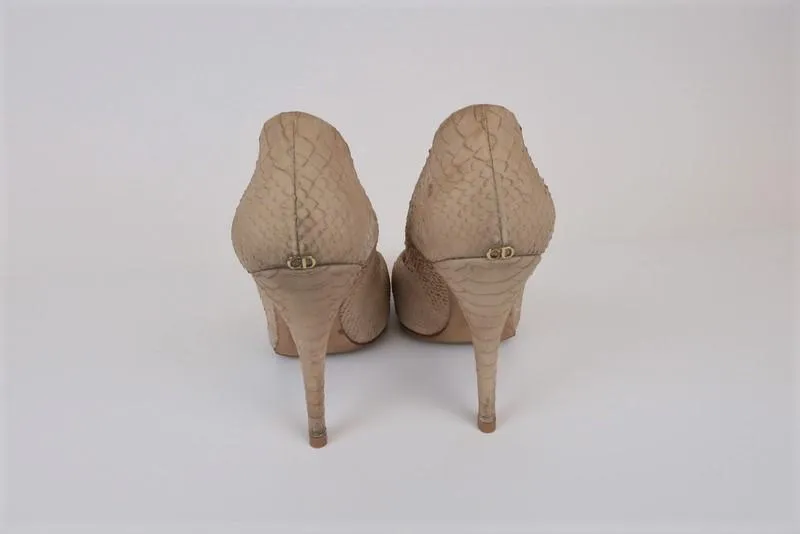 Christian Dior Pumps Beige Snake-Embossed Suede Size 39.5 Platform Heel