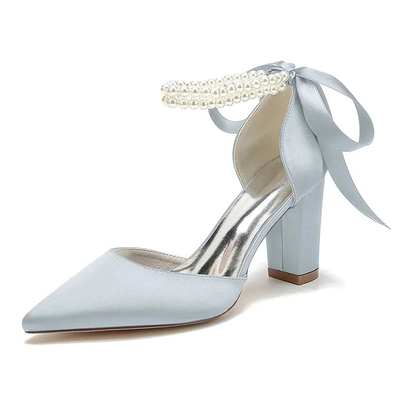 Chunky Wedding Shoes Pointed Toe Pearls Tie-Up Bridal Block Heels