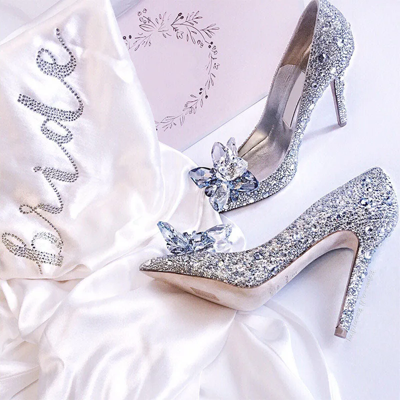 Cinderella crystal gold dress bridal shoes silver pointed wedding shoes