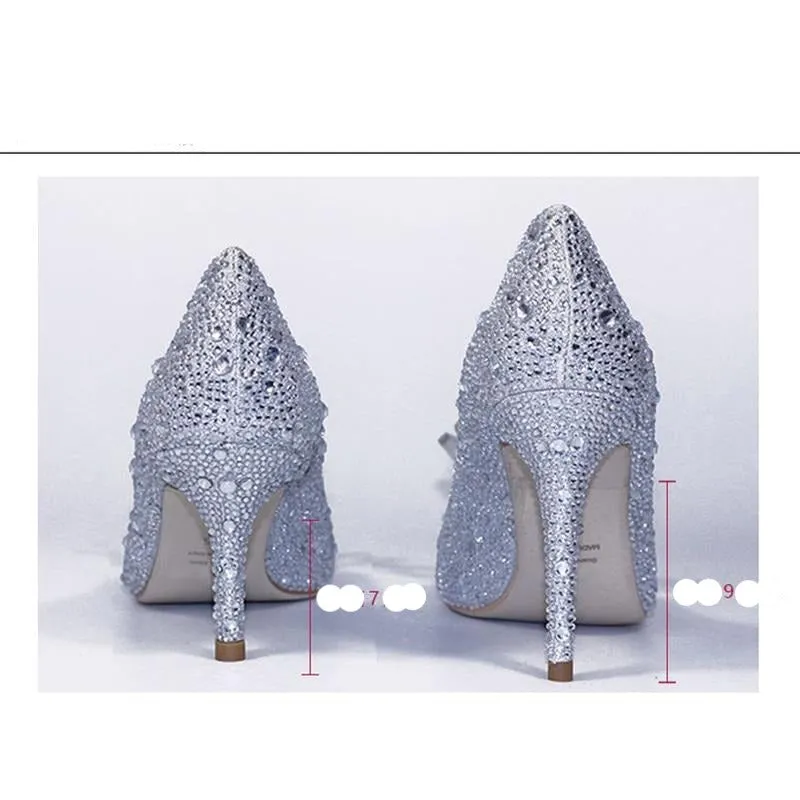 Cinderella crystal gold dress bridal shoes silver pointed wedding shoes