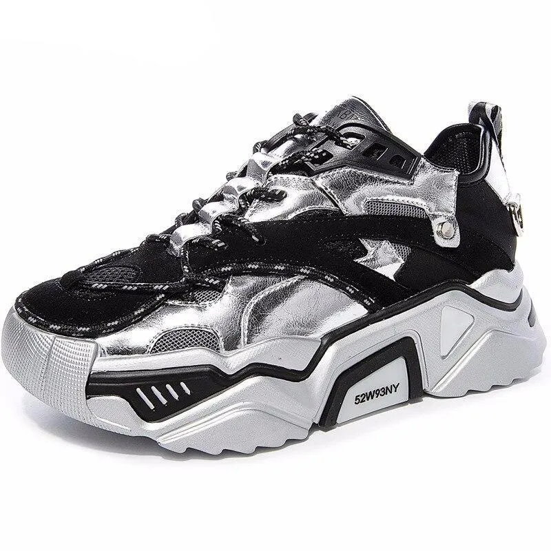 Cow Leather Women's Platform Chunky Sneakers  Casual Vulcanize Shoes Luxury Designer Female Fashion Sneakers