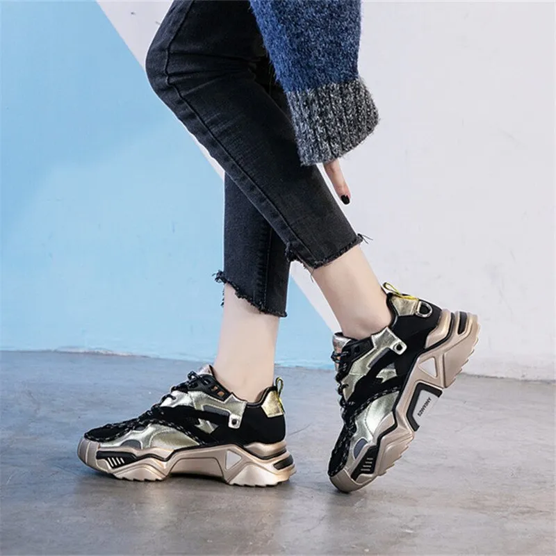 Cow Leather Women's Platform Chunky Sneakers  Casual Vulcanize Shoes Luxury Designer Female Fashion Sneakers