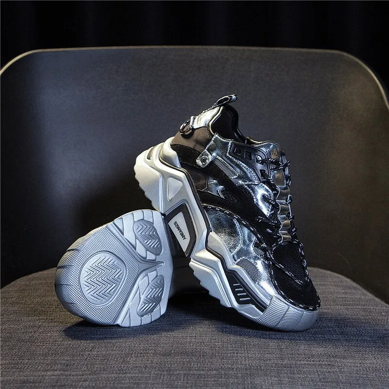 Cow Leather Women's Platform Chunky Sneakers  Casual Vulcanize Shoes Luxury Designer Female Fashion Sneakers