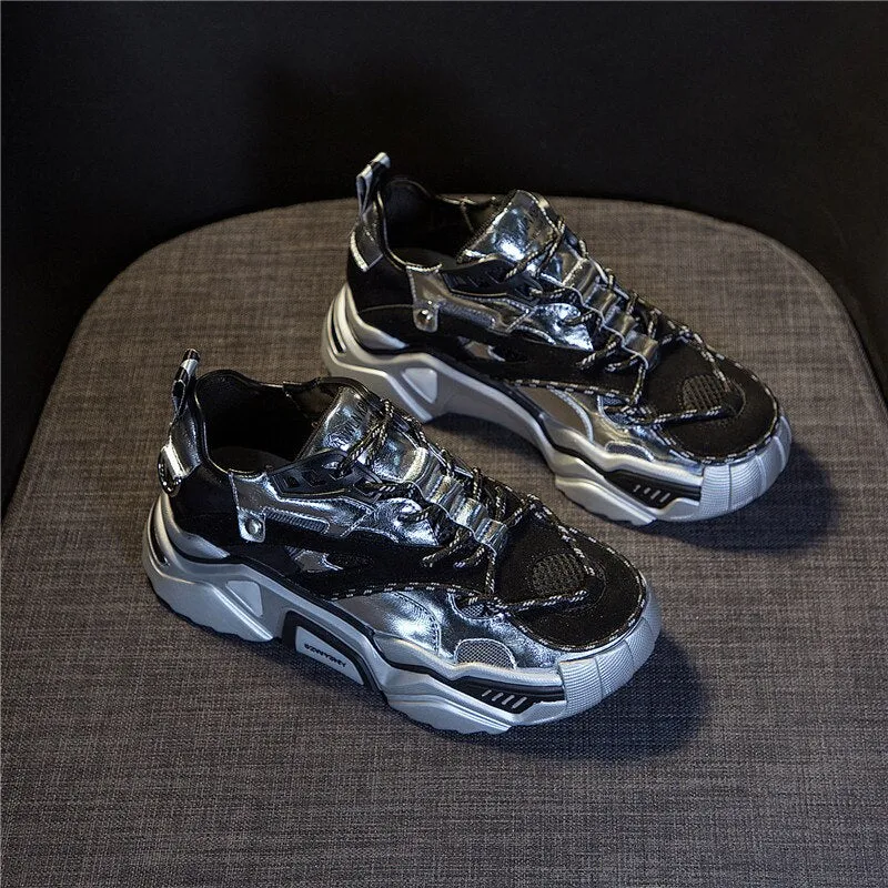 Cow Leather Women's Platform Chunky Sneakers  Casual Vulcanize Shoes Luxury Designer Female Fashion Sneakers