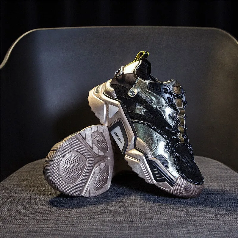 Cow Leather Women's Platform Chunky Sneakers  Casual Vulcanize Shoes Luxury Designer Female Fashion Sneakers