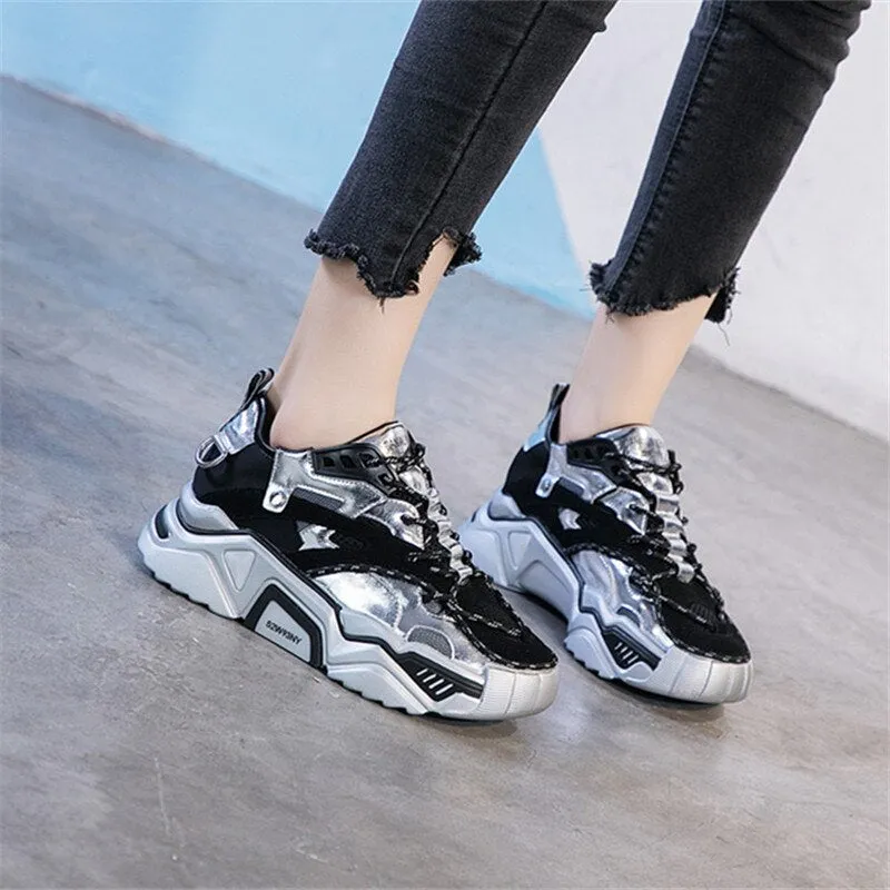 Cow Leather Women's Platform Chunky Sneakers  Casual Vulcanize Shoes Luxury Designer Female Fashion Sneakers
