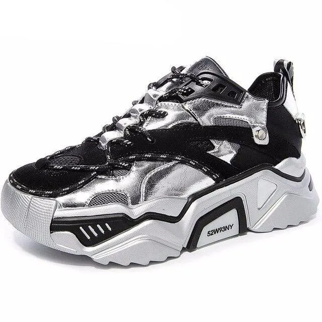 Cow Leather Women's Platform Chunky Sneakers  Casual Vulcanize Shoes Luxury Designer Female Fashion Sneakers