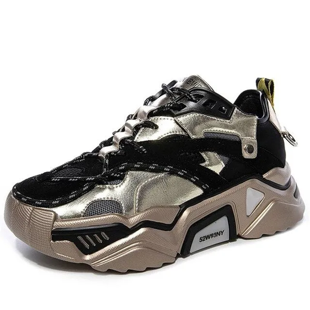Cow Leather Women's Platform Chunky Sneakers  Casual Vulcanize Shoes Luxury Designer Female Fashion Sneakers