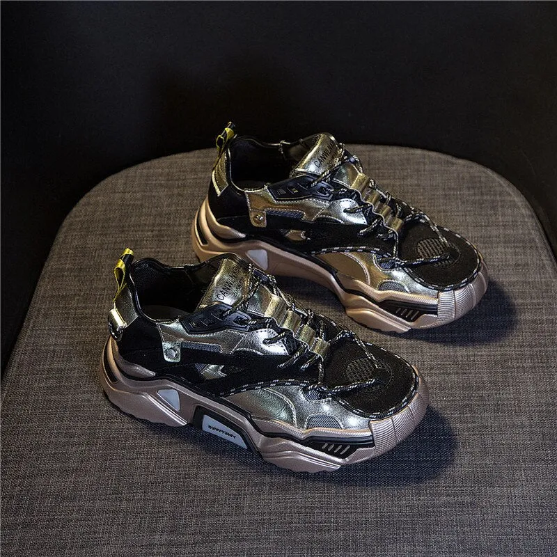 Cow Leather Women's Platform Chunky Sneakers  Casual Vulcanize Shoes Luxury Designer Female Fashion Sneakers