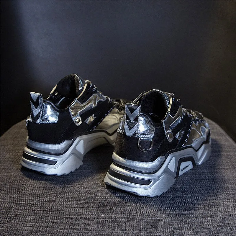 Cow Leather Women's Platform Chunky Sneakers  Casual Vulcanize Shoes Luxury Designer Female Fashion Sneakers