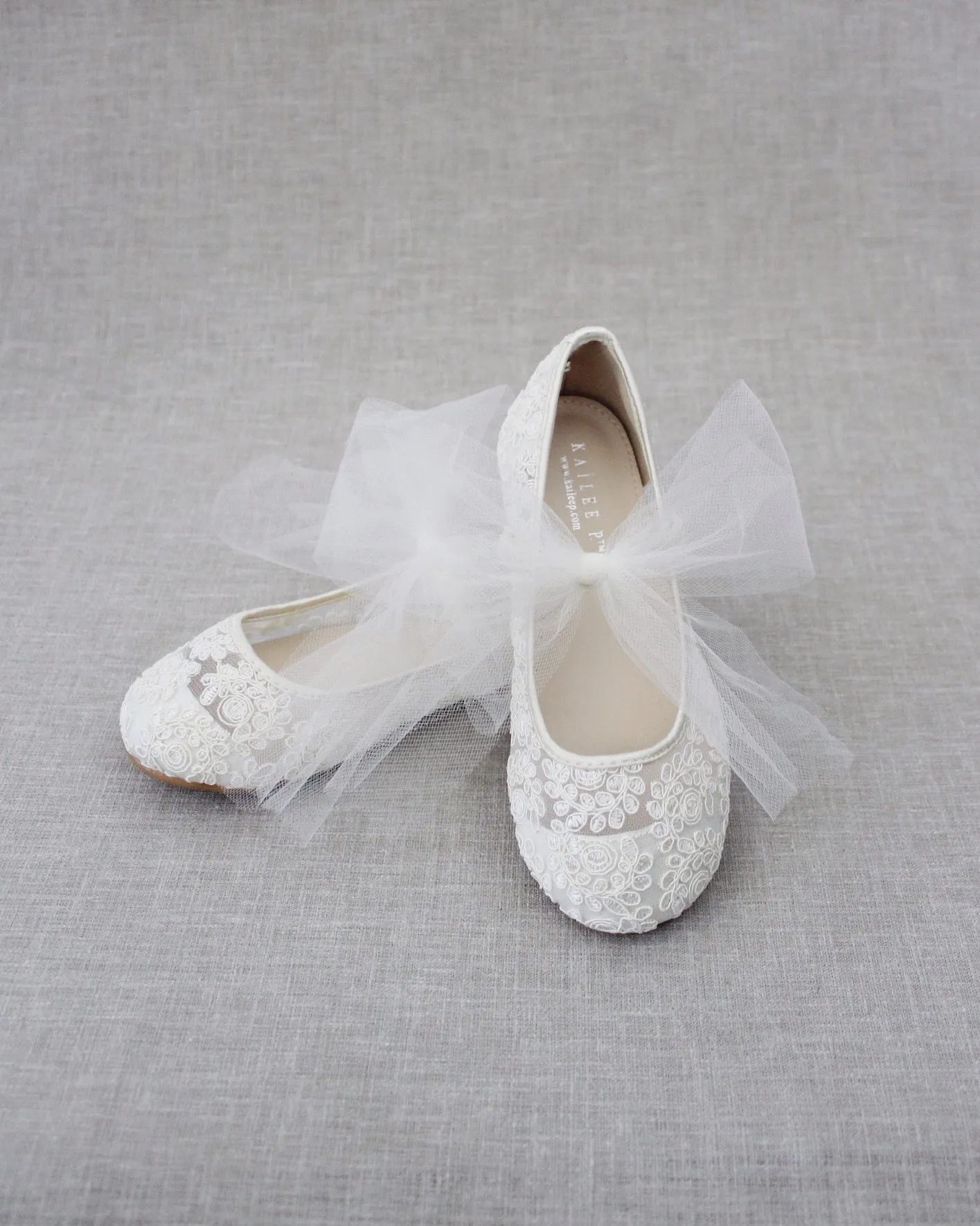 Crochet Lace Mary Jane Flats with Tulle Bow