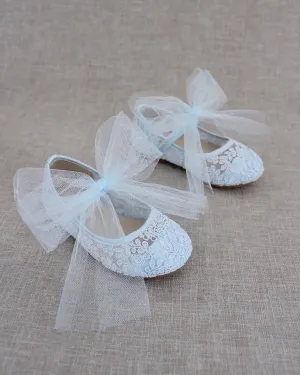 Crochet Lace Mary Jane Flats with Tulle Bow