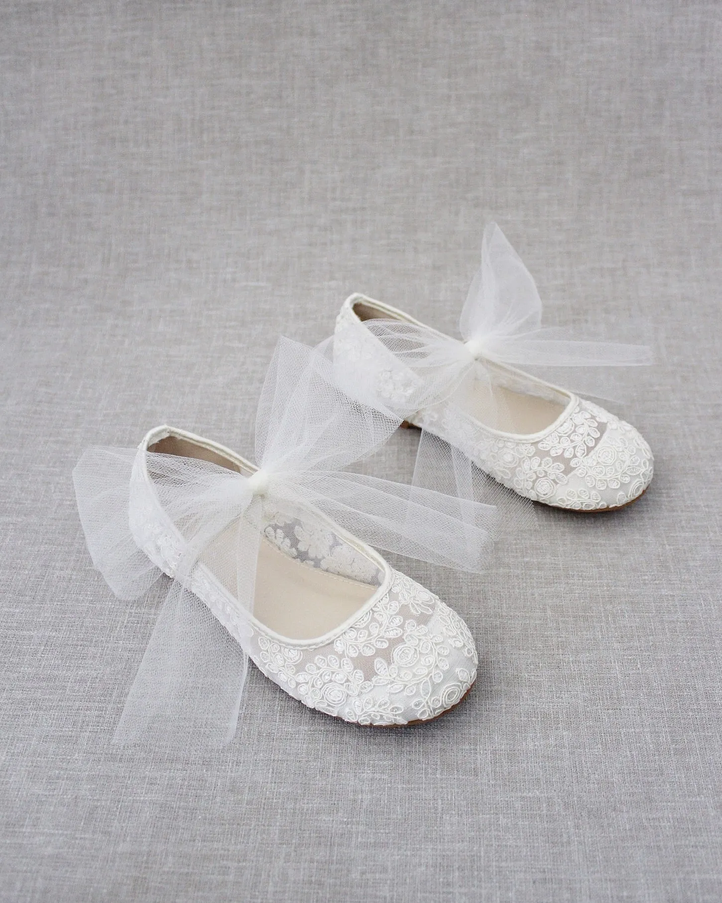 Crochet Lace Mary Jane Flats with Tulle Bow