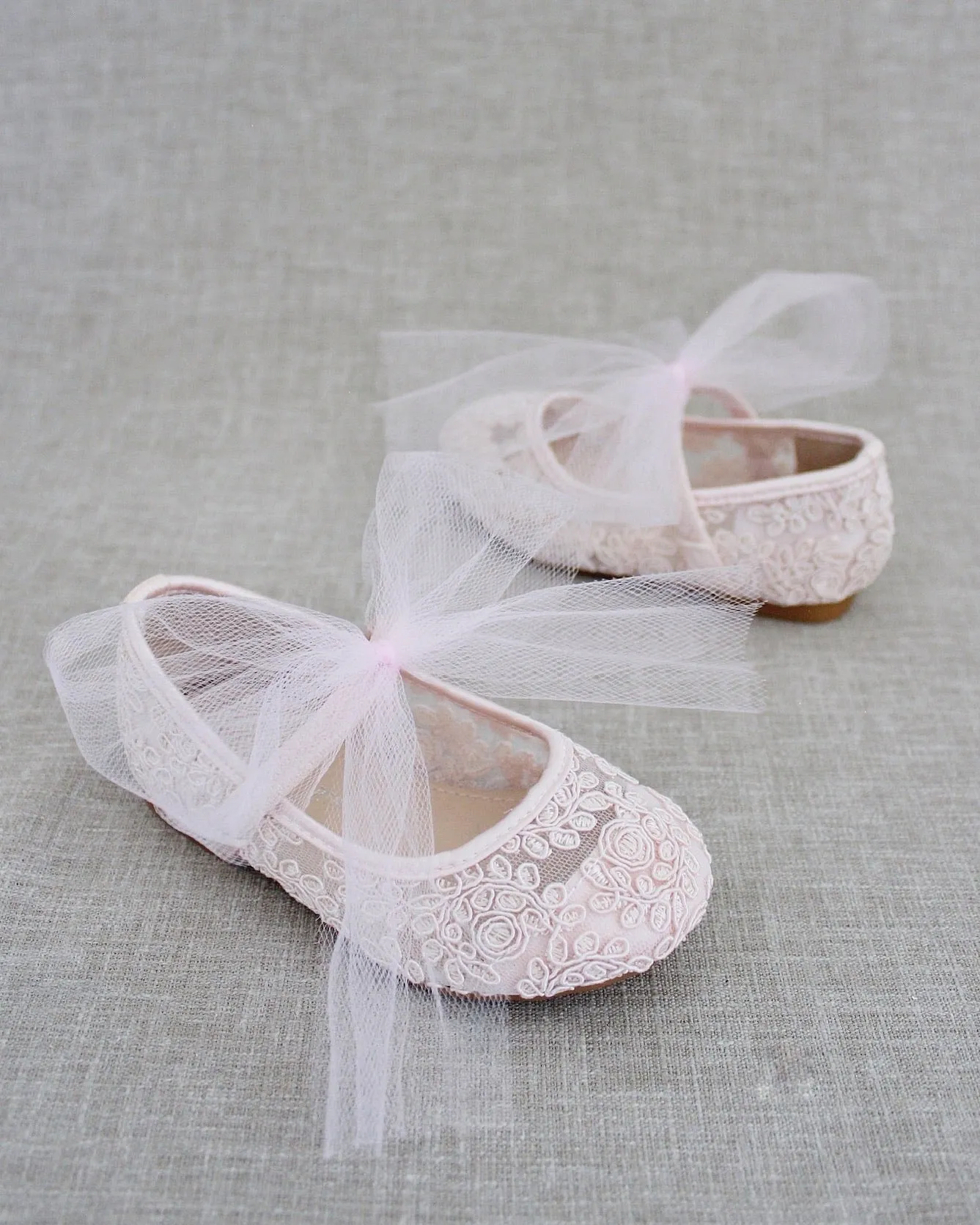 Crochet Lace Mary Jane Flats with Tulle Bow