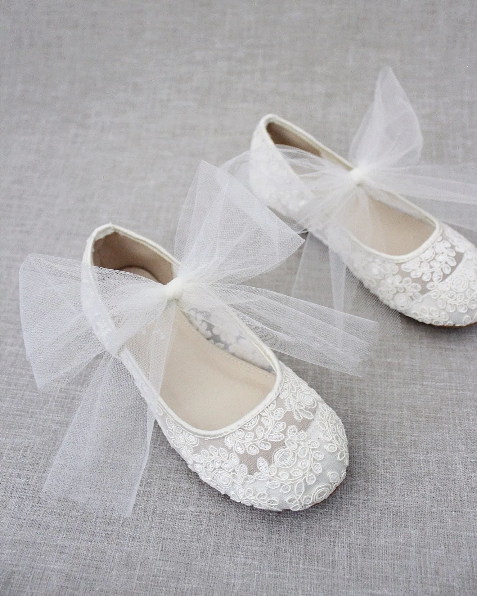 Crochet Lace Mary Jane Flats with Tulle Bow