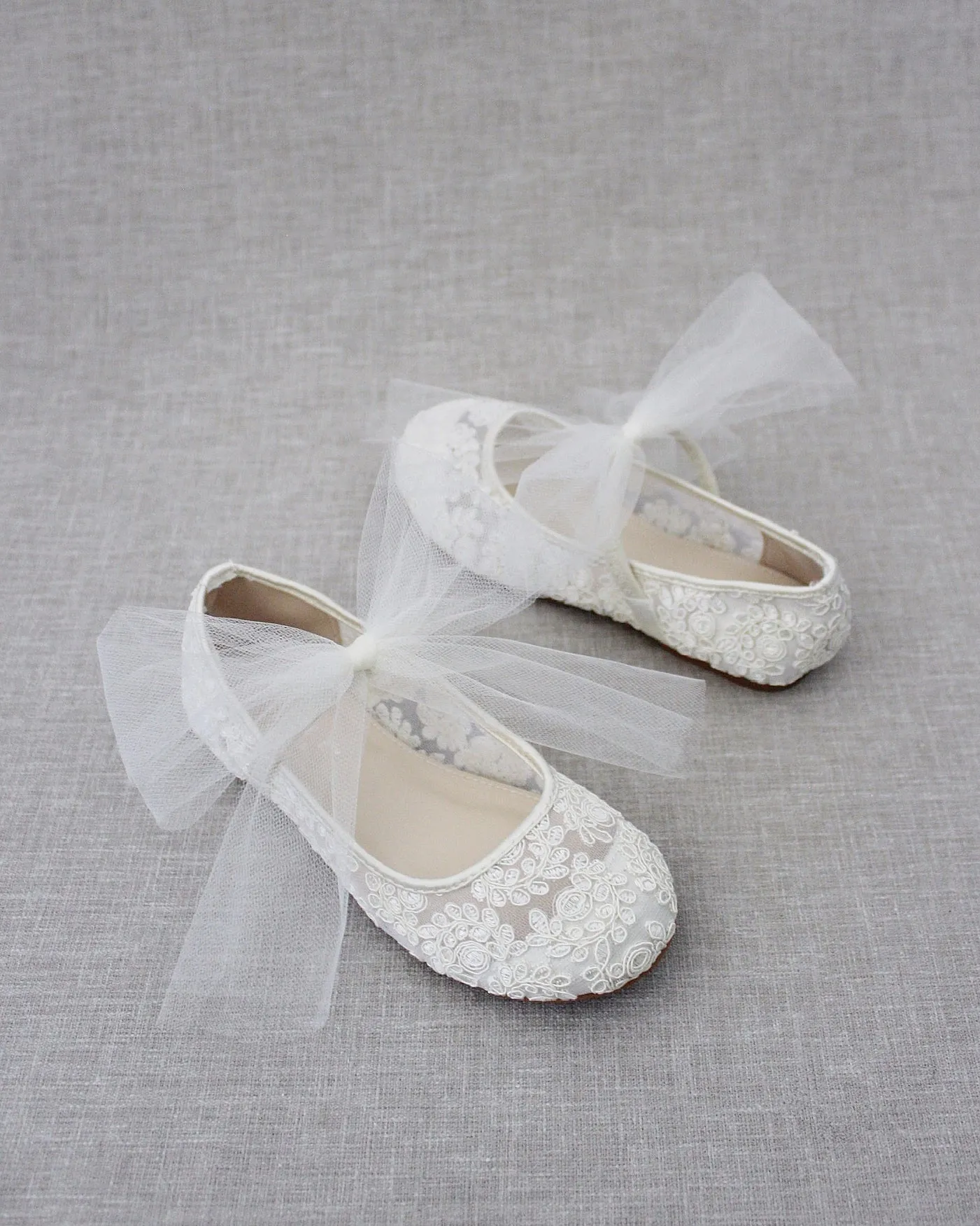 Crochet Lace Mary Jane Flats with Tulle Bow