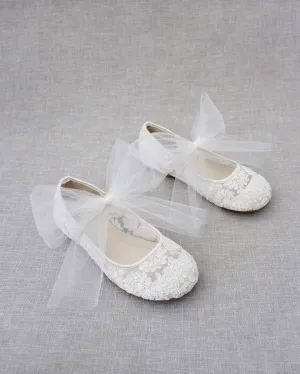 Crochet Lace Mary Jane Flats with Tulle Bow