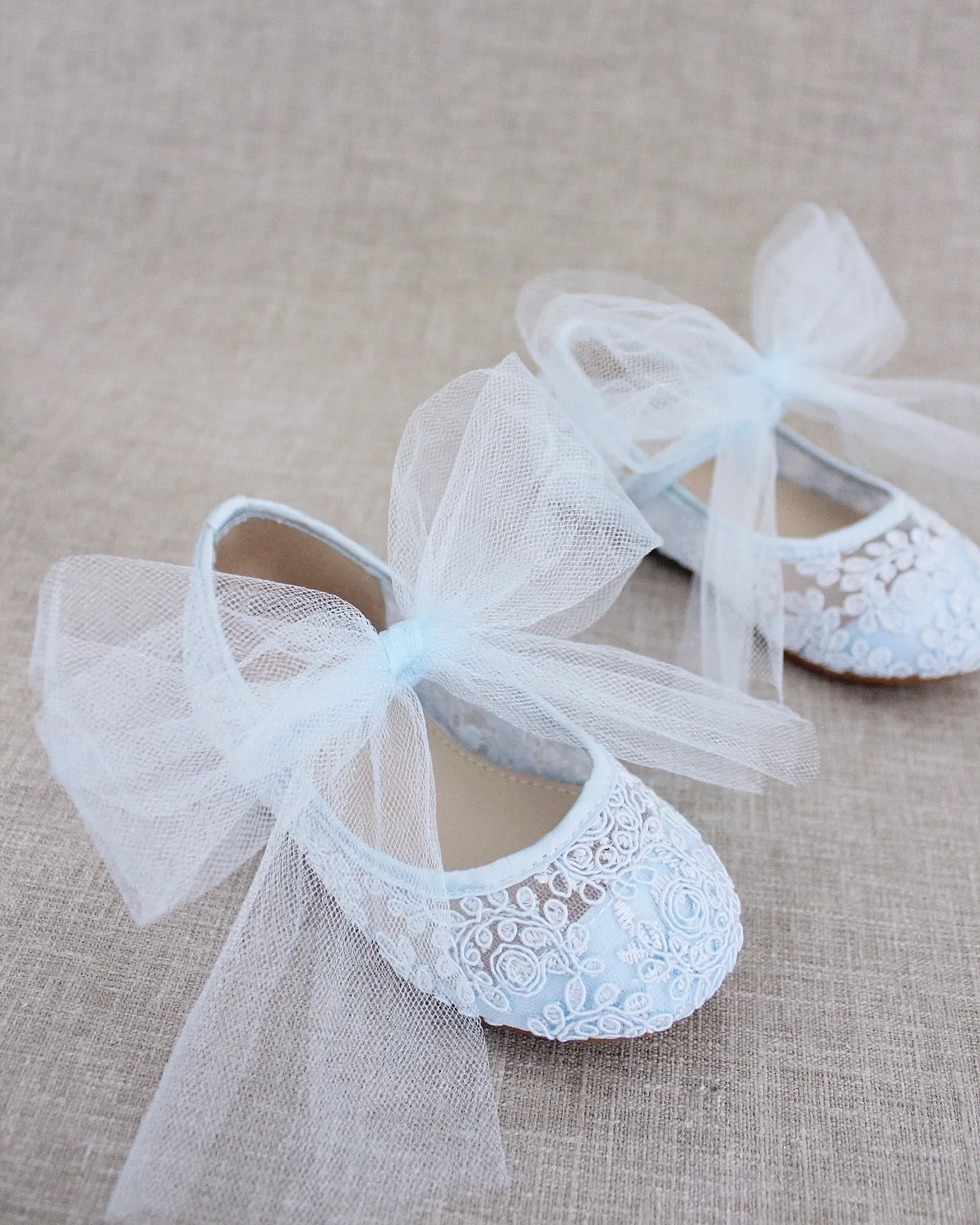 Crochet Lace Mary Jane Flats with Tulle Bow