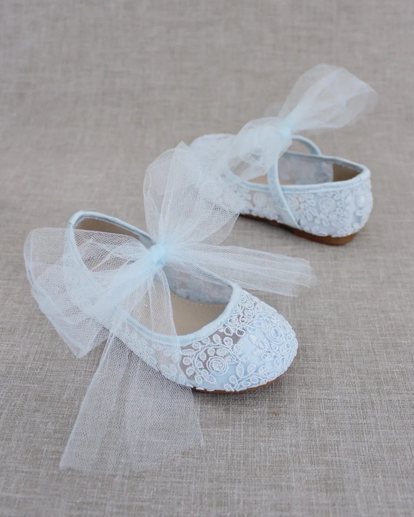 Crochet Lace Mary Jane Flats with Tulle Bow