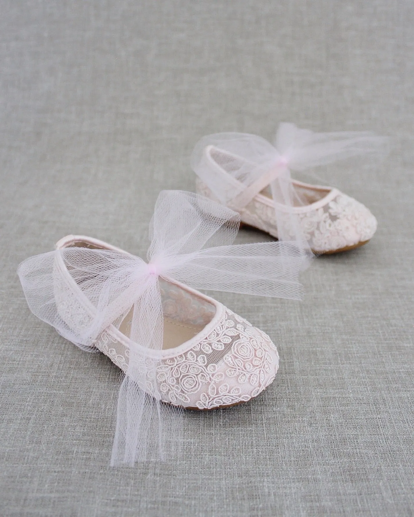 Crochet Lace Mary Jane Flats with Tulle Bow