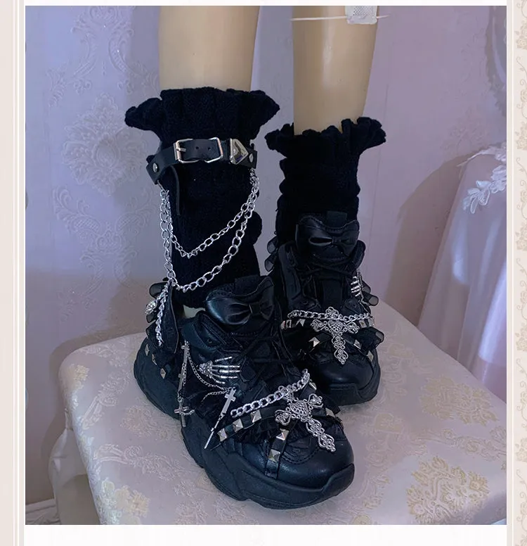 Dark Black Round Toe Lace Metal Chain Cross Old Shoes