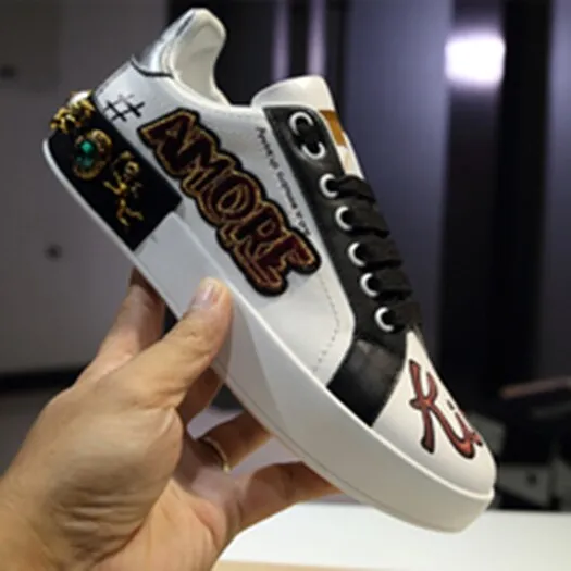 designer shoes china trainers flats stud embroidered sneakers rivet real leather women white metal italian embroidery crystal