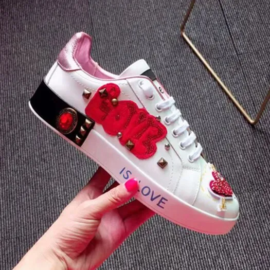 designer shoes china trainers flats stud embroidered sneakers rivet real leather women white metal italian embroidery crystal