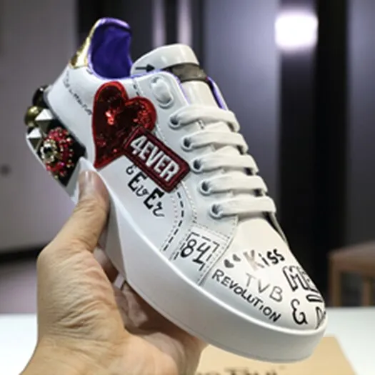 designer shoes china trainers flats stud embroidered sneakers rivet real leather women white metal italian embroidery crystal