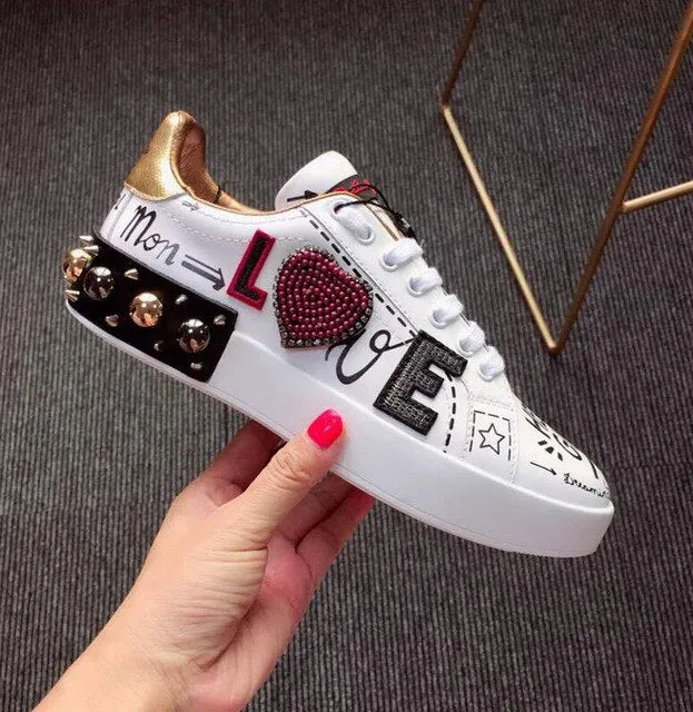 designer shoes china trainers flats stud embroidered sneakers rivet real leather women white metal italian embroidery crystal