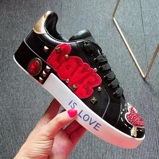 designer shoes china trainers flats stud embroidered sneakers rivet real leather women white metal italian embroidery crystal