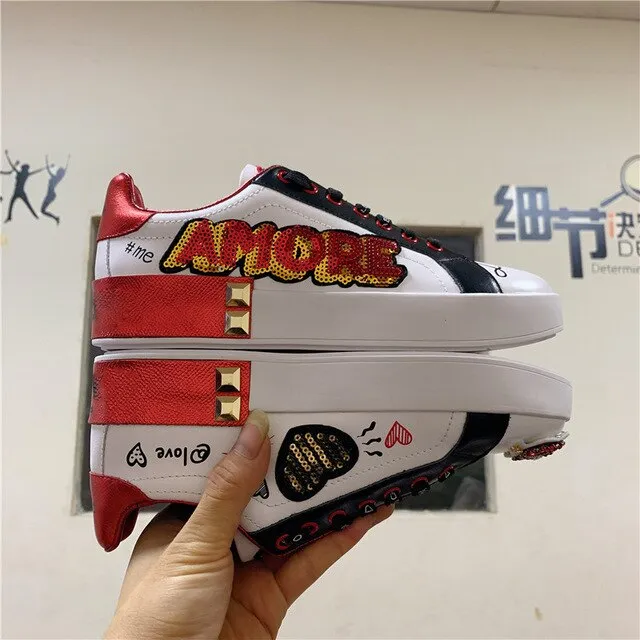 designer shoes china trainers flats stud embroidered sneakers rivet real leather women white metal italian embroidery crystal