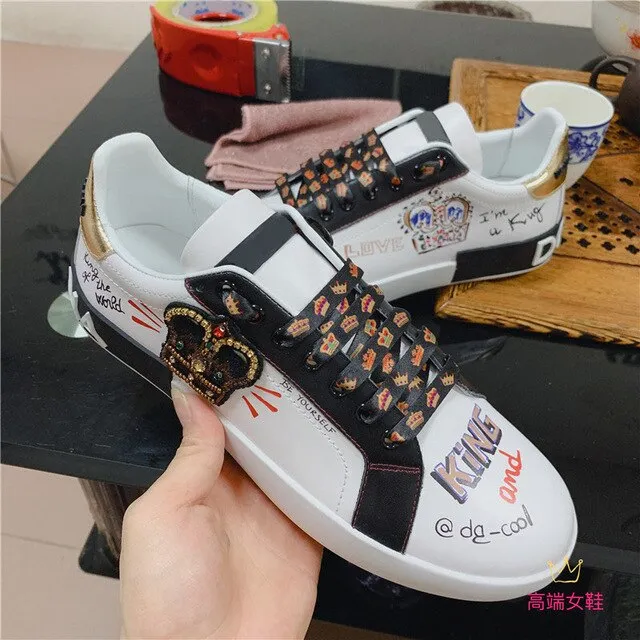 designer shoes china trainers flats stud embroidered sneakers rivet real leather women white metal italian embroidery crystal
