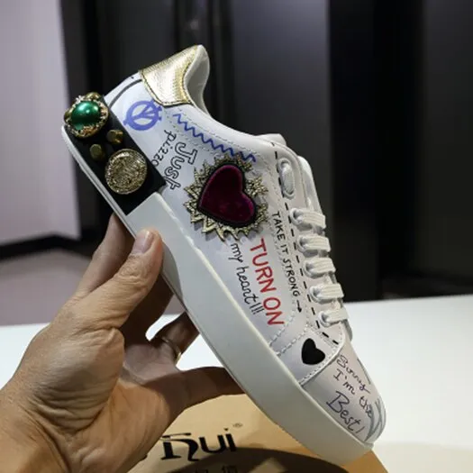 designer shoes china trainers flats stud embroidered sneakers rivet real leather women white metal italian embroidery crystal
