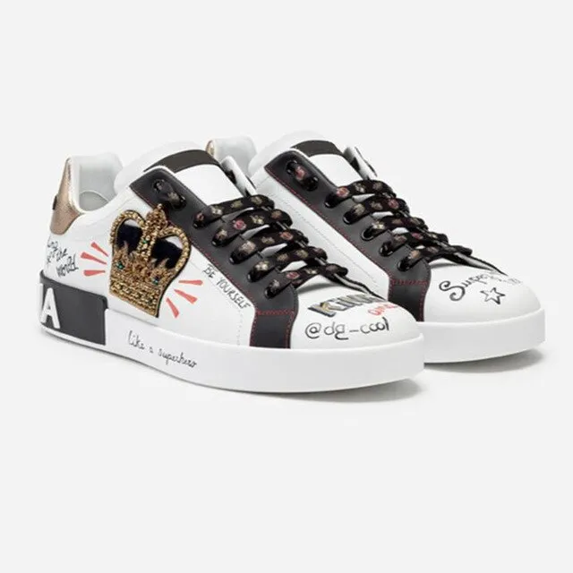 designer shoes china trainers flats stud embroidered sneakers rivet real leather women white metal italian embroidery crystal
