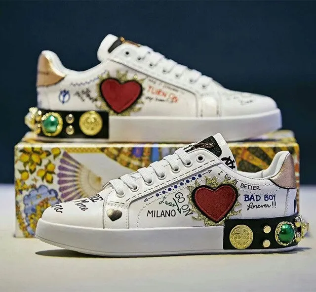 designer shoes china trainers flats stud embroidered sneakers rivet real leather women white metal italian embroidery crystal