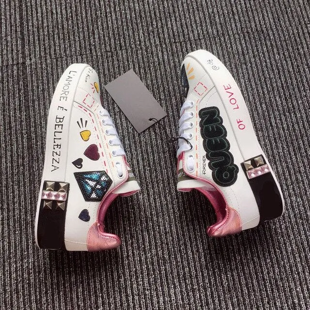 designer shoes china trainers flats stud embroidered sneakers rivet real leather women white metal italian embroidery crystal
