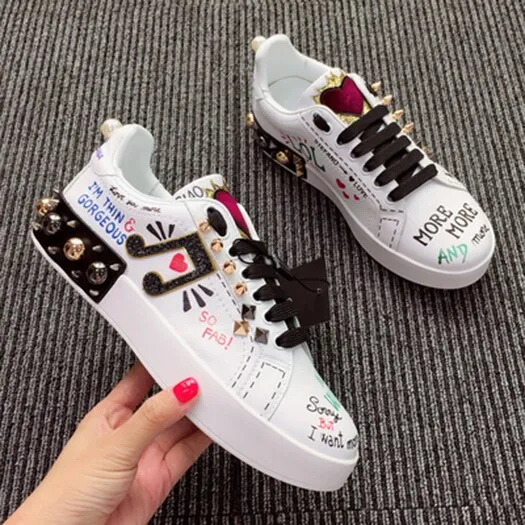 designer shoes china trainers flats stud embroidered sneakers rivet real leather women white metal italian embroidery crystal