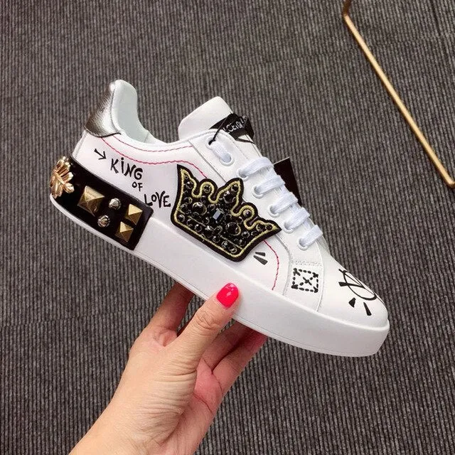 designer shoes china trainers flats stud embroidered sneakers rivet real leather women white metal italian embroidery crystal
